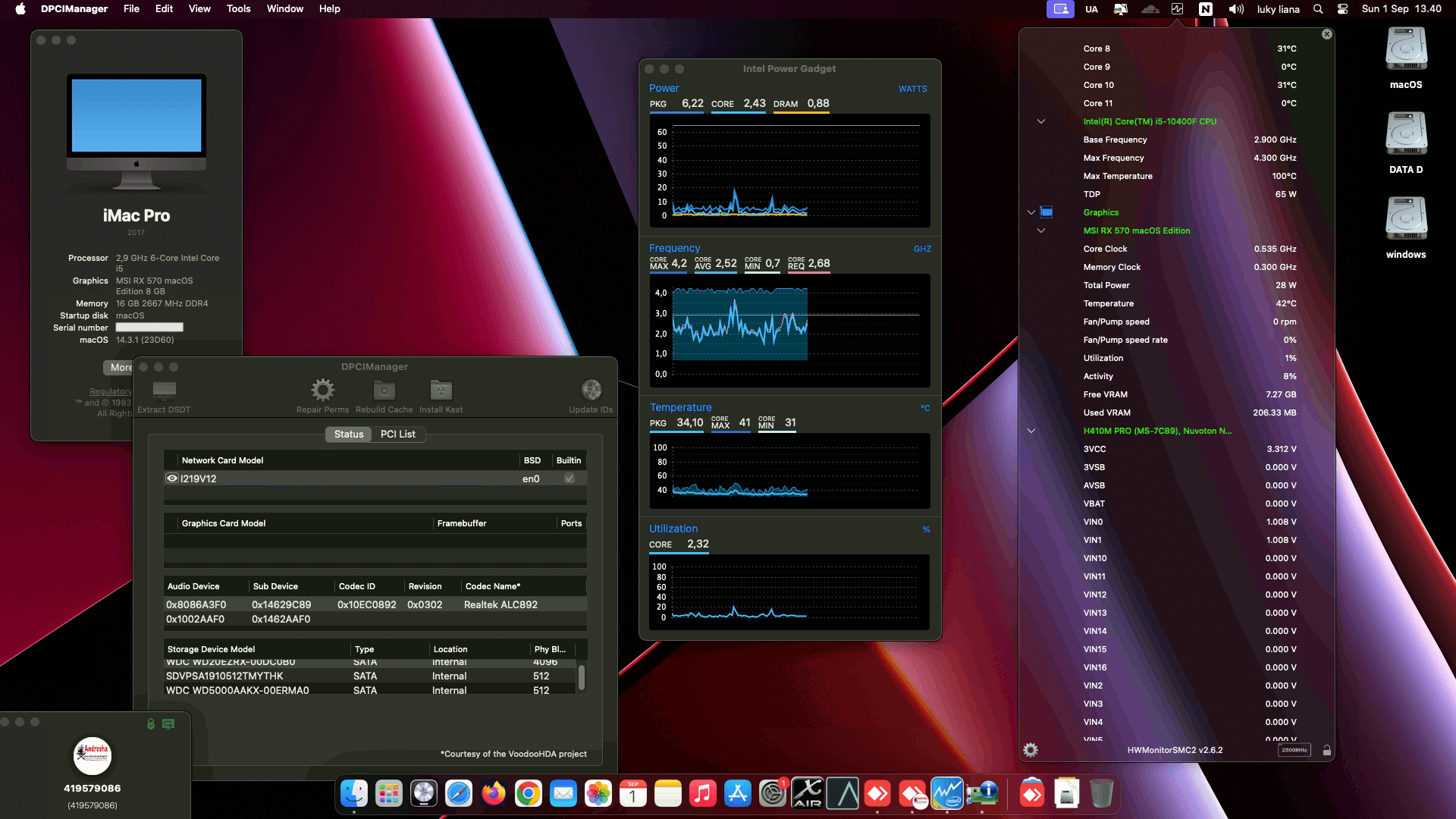 Success Hackintosh macOS Sonoma 14.3.1 Build 23D60 in MSI H410M PRO + Intel Core i5 10400F + MSI RX 570